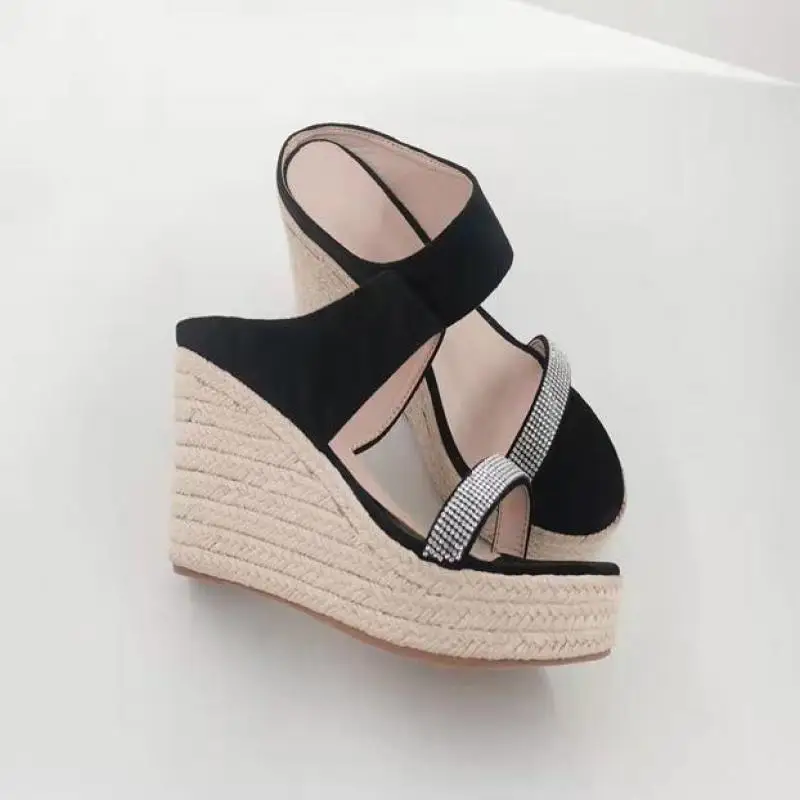 Size 31-43 2023 New Summer Wedge Sandals Platform Women\'s Shoes 9cm High Heel Rhinestone Slippers Open Toe Beach Sandals