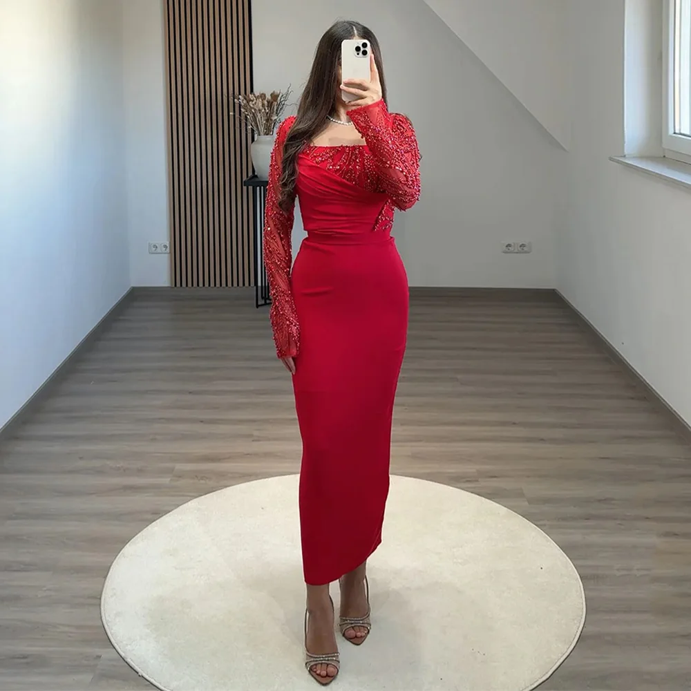 Red Evening Dress Customized Long Sleeves Square Neck Beading Pearls Ankle Length Arabian Prom Gown Cocktail Party Dresses