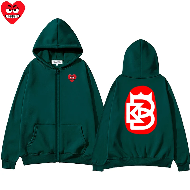 Red Label Printing Men Women Zipper Hoodie Cool Cute Snag Heart Embroidery Polyester Pocket Loose Thin Autumn Sweater