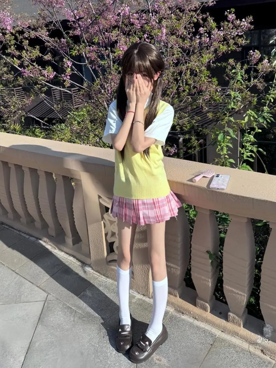 

Original Japanese Style JK Vest And Skirt Set Candy Color Versatile School Uniform Short Skirt Suit Shirt for Women