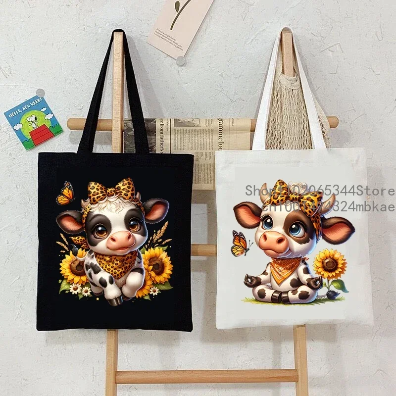 Canvas Tote Bag Cow Leopard Bow Pattern Women Handbags Dairy Cattle Sunflower Shoulder Tote Bag Cartoon Animal Teen Canvas Bags