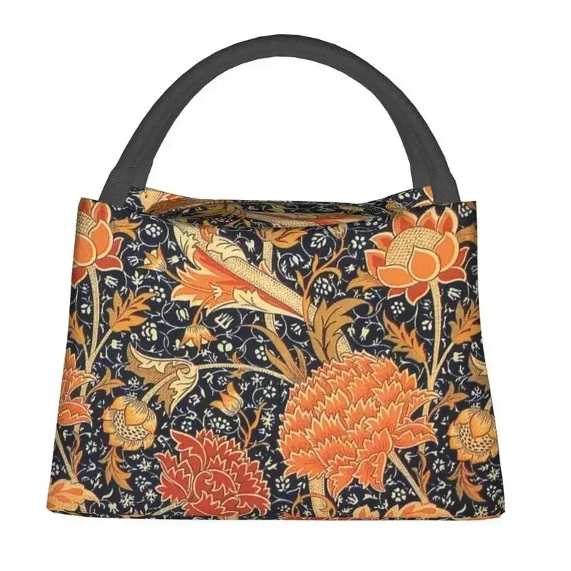 William Morris Orange Cray Floral Art Thermal Insulated Lunch Bag Women Textile Pattern Portable Lunch Storage Meal Food Box