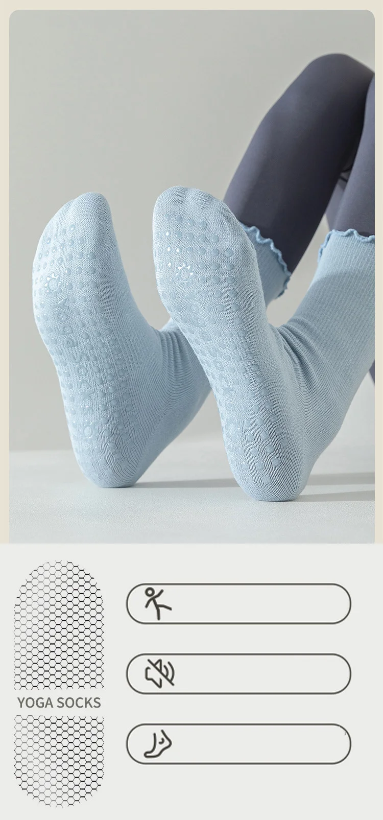 3 Paar Yoga-Socken für Damen, aus reiner Baumwolle, knöchelhoch, einfarbig, mit rutschfester Sohle, ideal für Pilates, mit Rüschen, atmungsaktiv, für Sport, Fitness und zum Tragen auf dem Boden. – Detail 7
