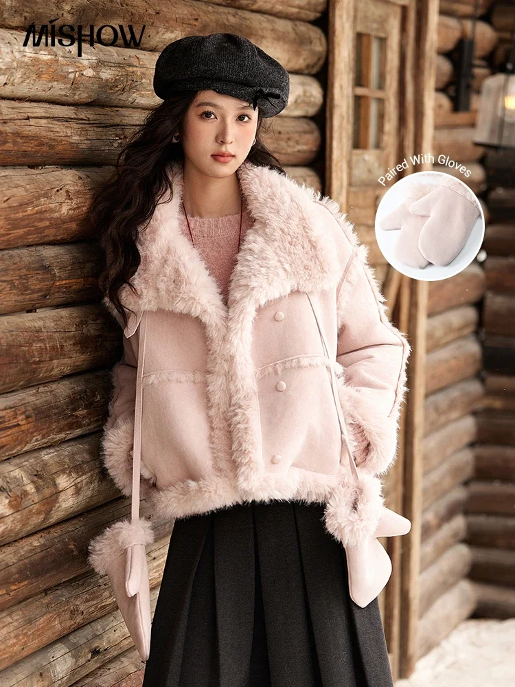 MISHOW Leather Fur Coat Lamb Wool Jacket Women Suede Plush Thickened Leather Button Spliced Clothes Wind Resistance MXD59W0746