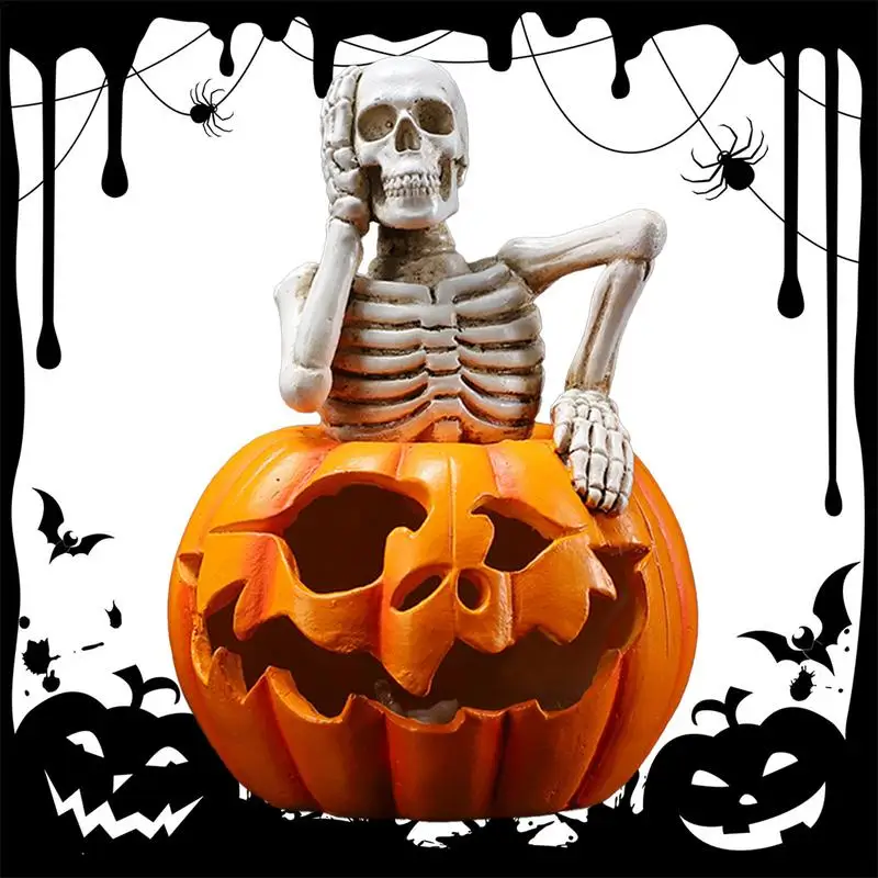 Halloween Skeleton Statues Halloween Resin Pumpkin Skeleton Spooky Skeleton Figurines No Hear No See No Speak Skull For Home