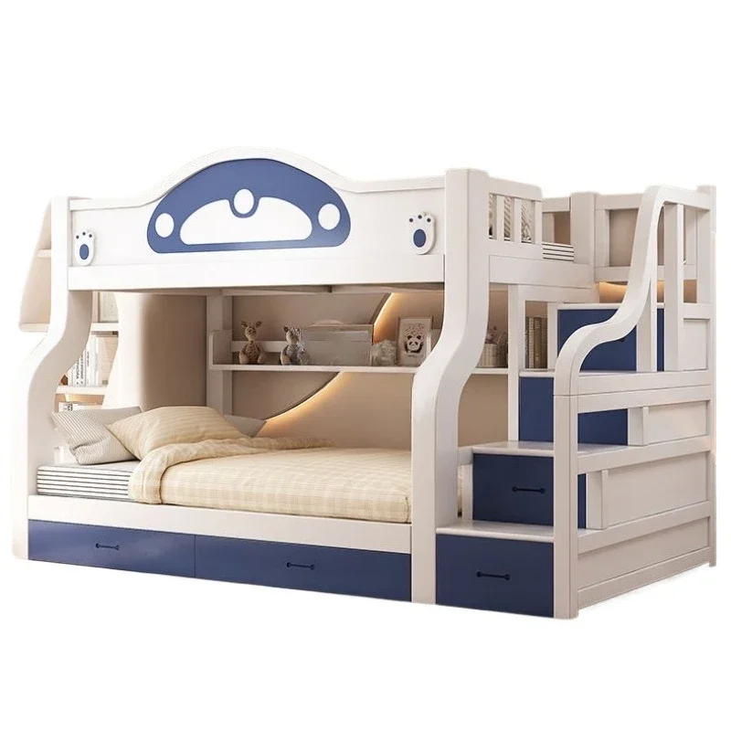 New bunk two-story children's double bed bookcase solid wood, ladder, bed width 100 bed width 120