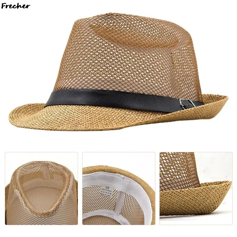 England Men Beach Hat UV Protection Gentleman Hats Fashion Straw Hat Male Trip Holiday Caps Chapeau Hollow Mesh Summer Panama