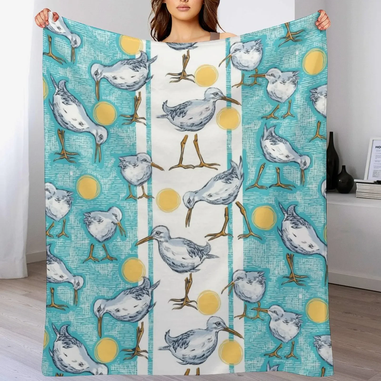 Sunny Sandpipers Pattern | Beach Blue w/ Stripes Throw Blanket Bed linens Softest Plaid on the sofa Blankets