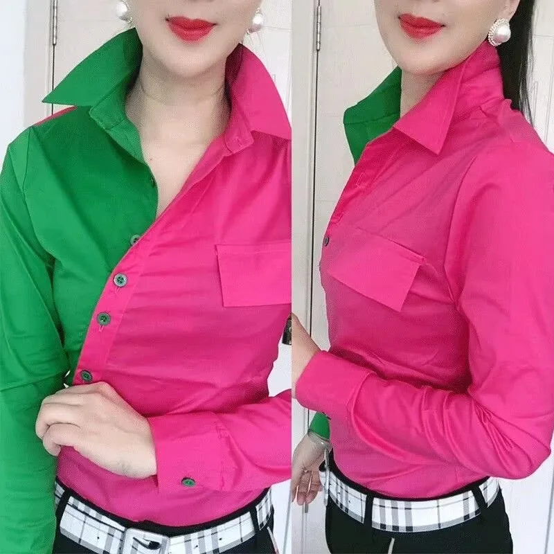

Contrast Shirt Women's Slim Patchwork Top Casual Woman Clothes Streetwear Long Sleeve Cardigan Slanting button Female Blouse