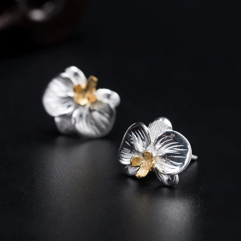 Lotus Fun 925 Sterling Silver Vintage Delicate Phalaenopsis Orchid Flower Stud Earring for Women Luxury Quality Fine Jewelry