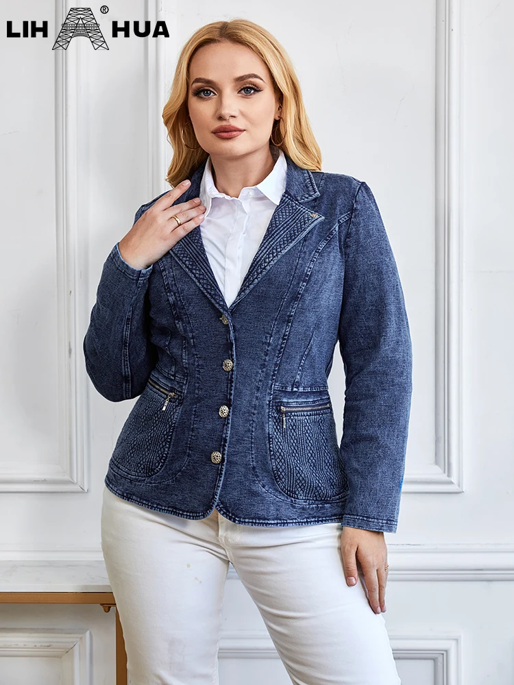 LIH HUA Women's Plus Size Denim Suit Autumn Chic Elegant Suit For Chubby Women Cotton Knitted Suit