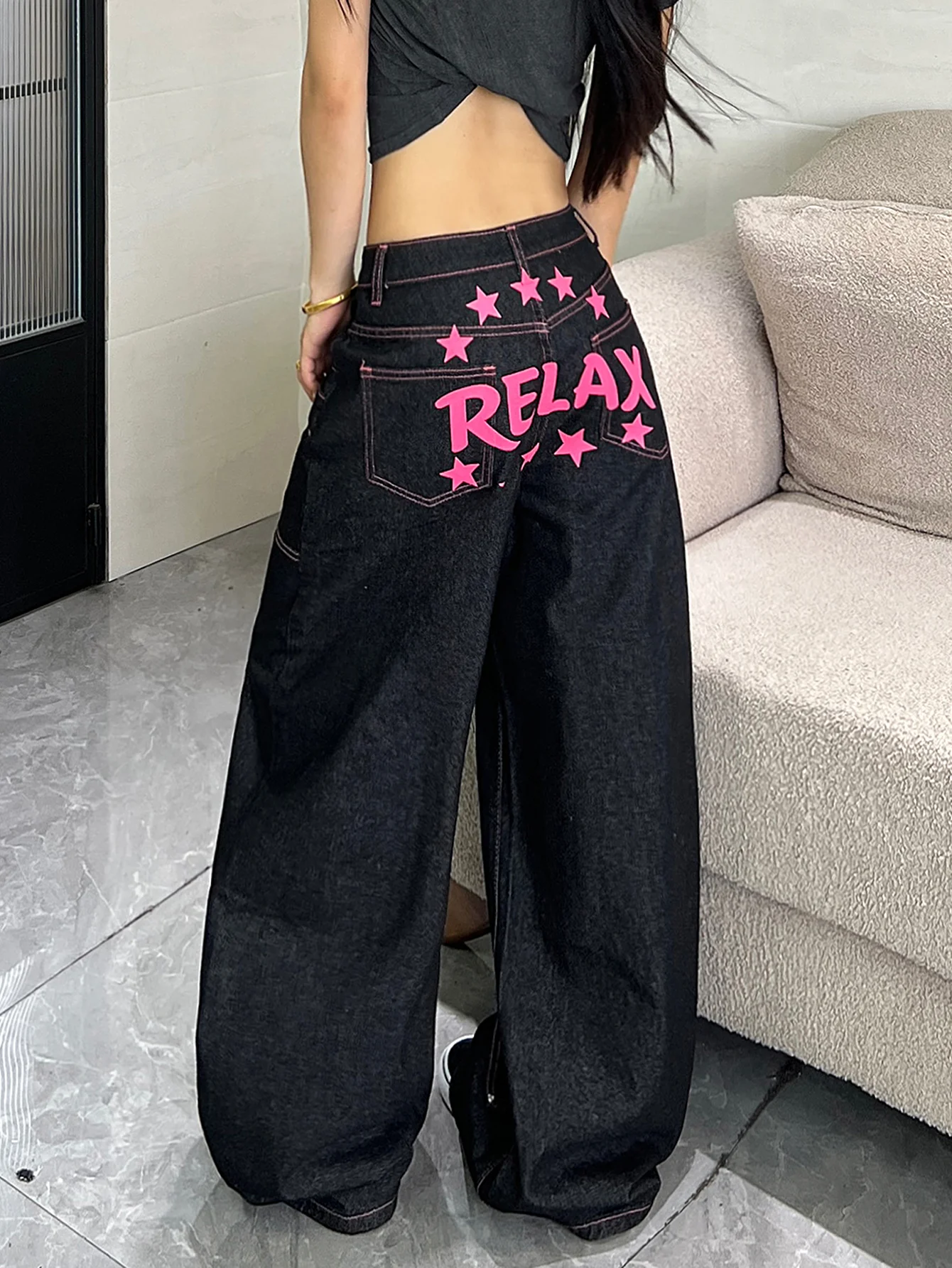 High Waisted Wide Leg American Y2K Jeans With Pink Thread, Double-Layer Waist And Star Letter Printed Loose Pants