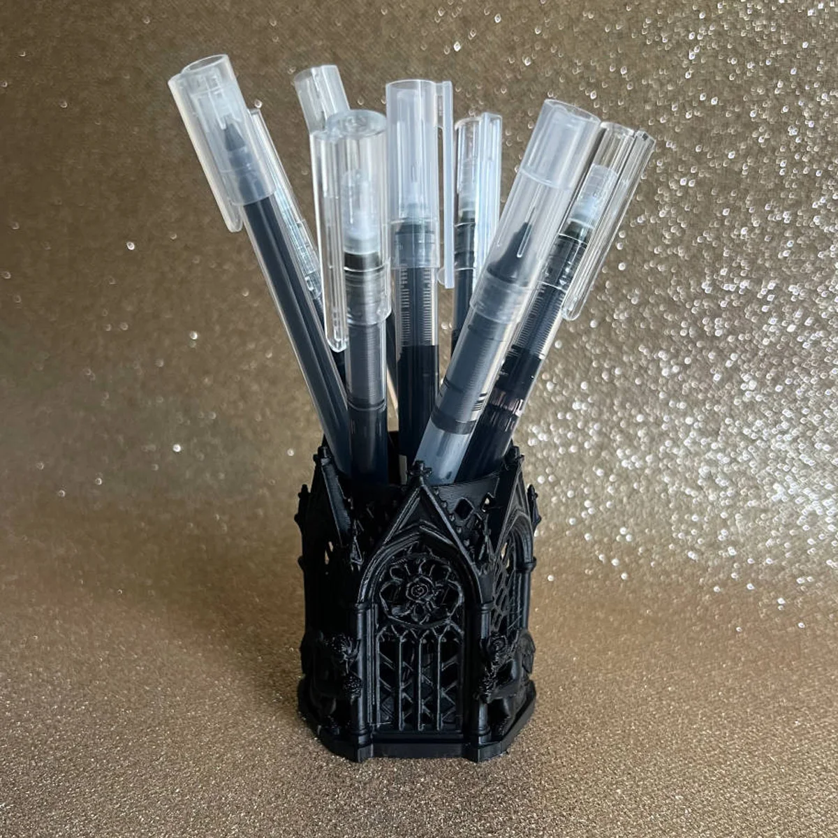 (7*5.8cm) Gothic Cathedral Pen Holder Desk Organizer, 3D Printed Vintage Angel Pencil Stand Creative Cool Office Home Decor Gift