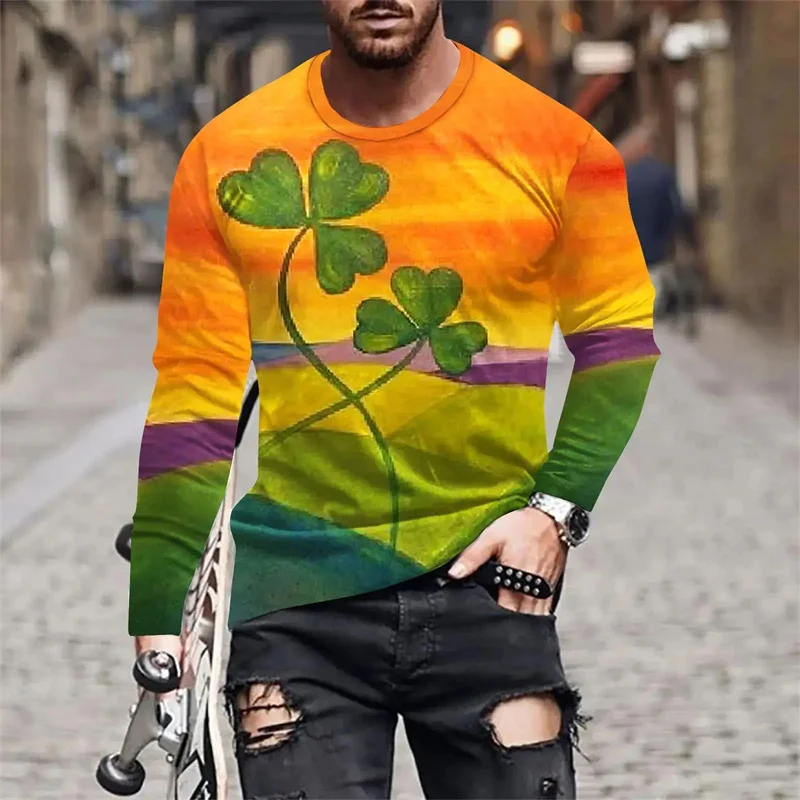 3D Printed Lucky Clover T-Shirt For Men Creative Pattern Tees Spring Autumn Harajuku O-Neck Tops Loose T Shirts Long Sleeves