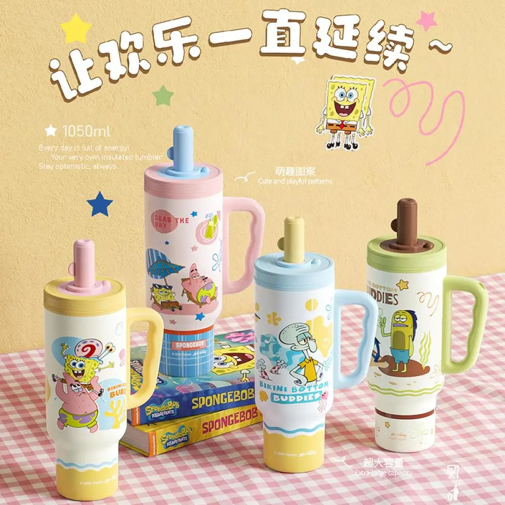 1050Ml 316 Thermos Cup Anime Spongebob Student Cartoon Bikini Bottom Doll Portable Large Capacity Car Straw Cup Festival Gift