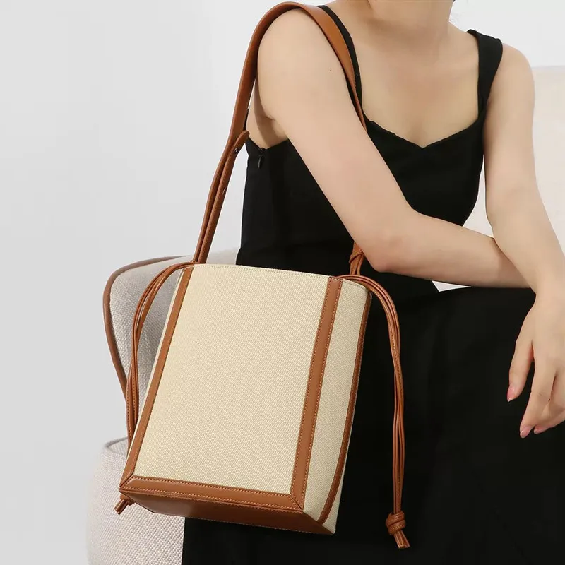 

2025 Fashion New Design Large Capacity Canvas Drawstring Bucket Bag Women High-end Vintage Handbags Trend Patchwork Shoulder Bag