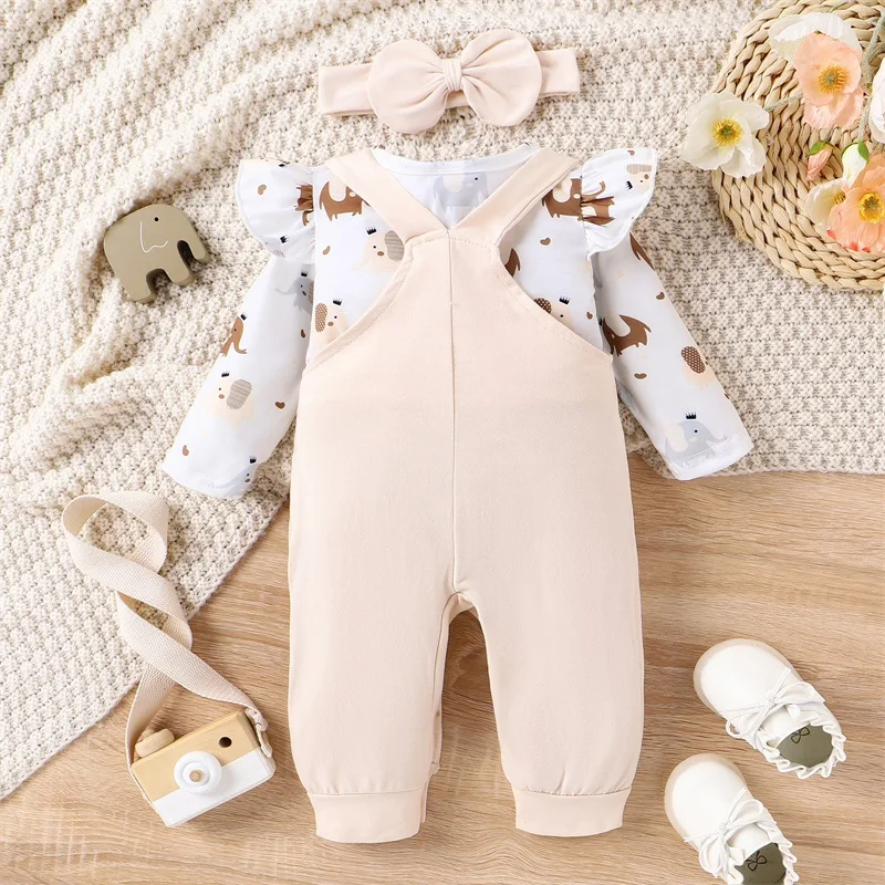 

Baby Girl Spring Fall Outfit Infant Long Sleeve Elephant Print T-shirt Embroidery Strap Jumpsuit Overalls Headband