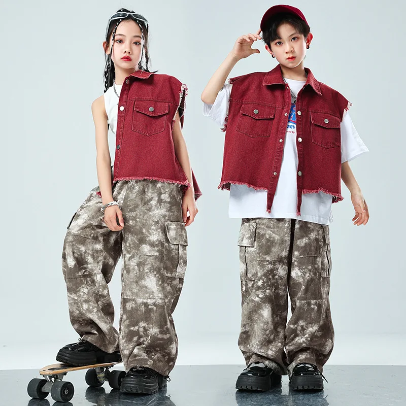 

Teen Boys Streetwear Costume Girls Hip Hop Vest Camo Cargo Pants Children Military Jogger Street Dance Sets Kids Showing Outfits