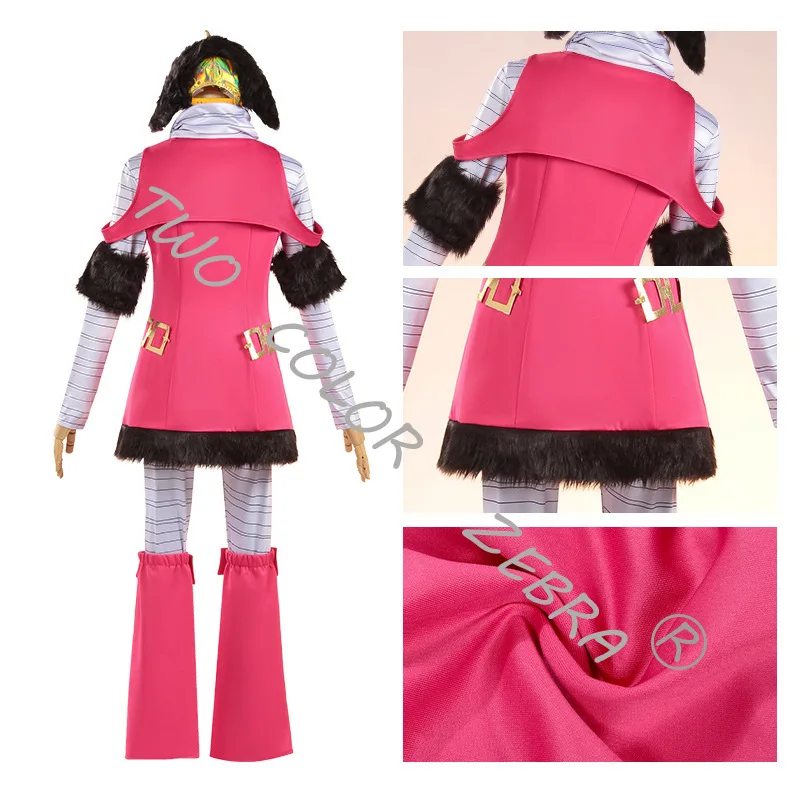 JoJo's Bizarre Adventure Hot Pants Cosplay Costume Pink Dress Gold Buttons Fur Trim Matching Hat Props Set for Party Roleplay view 4