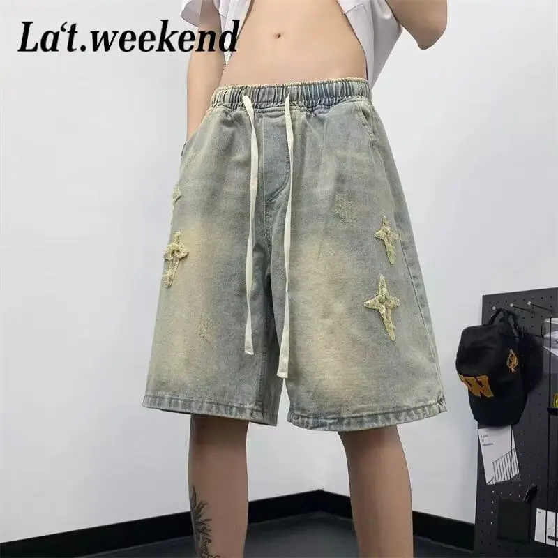 

Джинсовые шорты High Street, мужские свободные брюки среднего размера со шнурком из меха со звездами и пятью точками