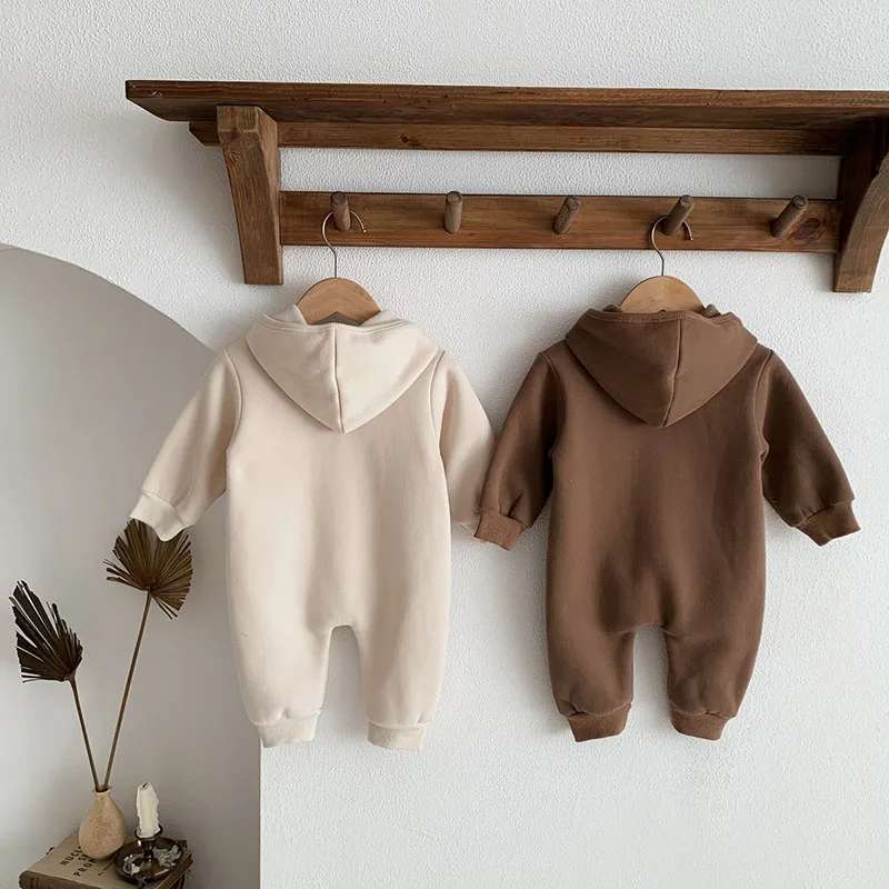 MILANCEL Autumn Plush Hooded Toddler One-piece Baby Girls And Boys Bear Long Sleeve Bodysuit