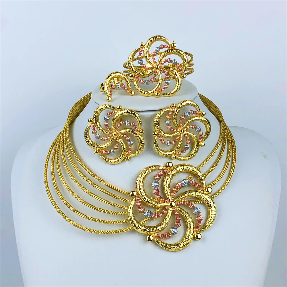 ESALE Dubai Jewelry Set for Women Color Flower Earrings Flower Necklace Bangle Ring Italy African Lady Elegant Bride Jewelry