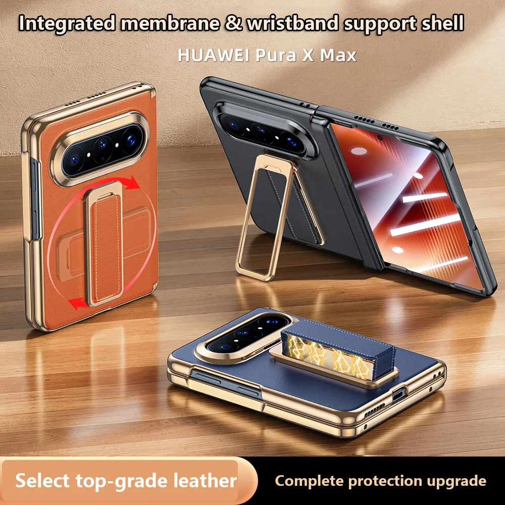

Luxury PU Leather Case For Huawei Pura X Max 5G Wristband Holder Protective Cover With Tempered Film