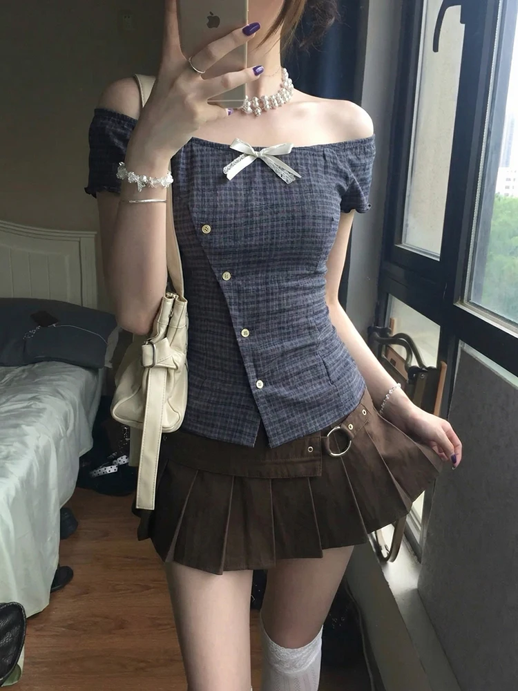 

Vintage Plaid irt And High Waist Skirt Slimming Two Piece Set Women's Faion Spring Summer Collection Knot Design