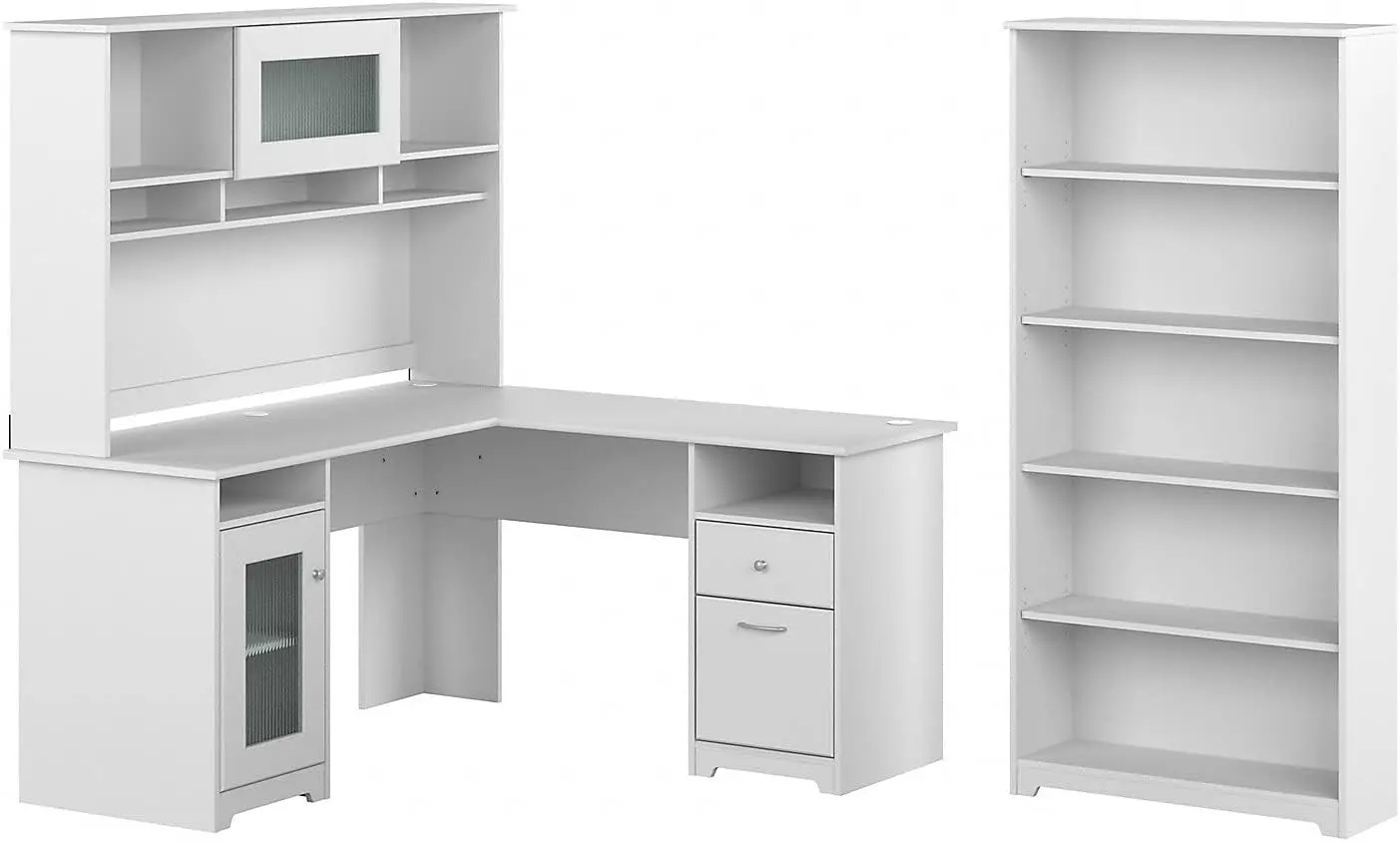 60W L Shaped Computer Desk with Hutch and 5 Shelf Bookcase in White