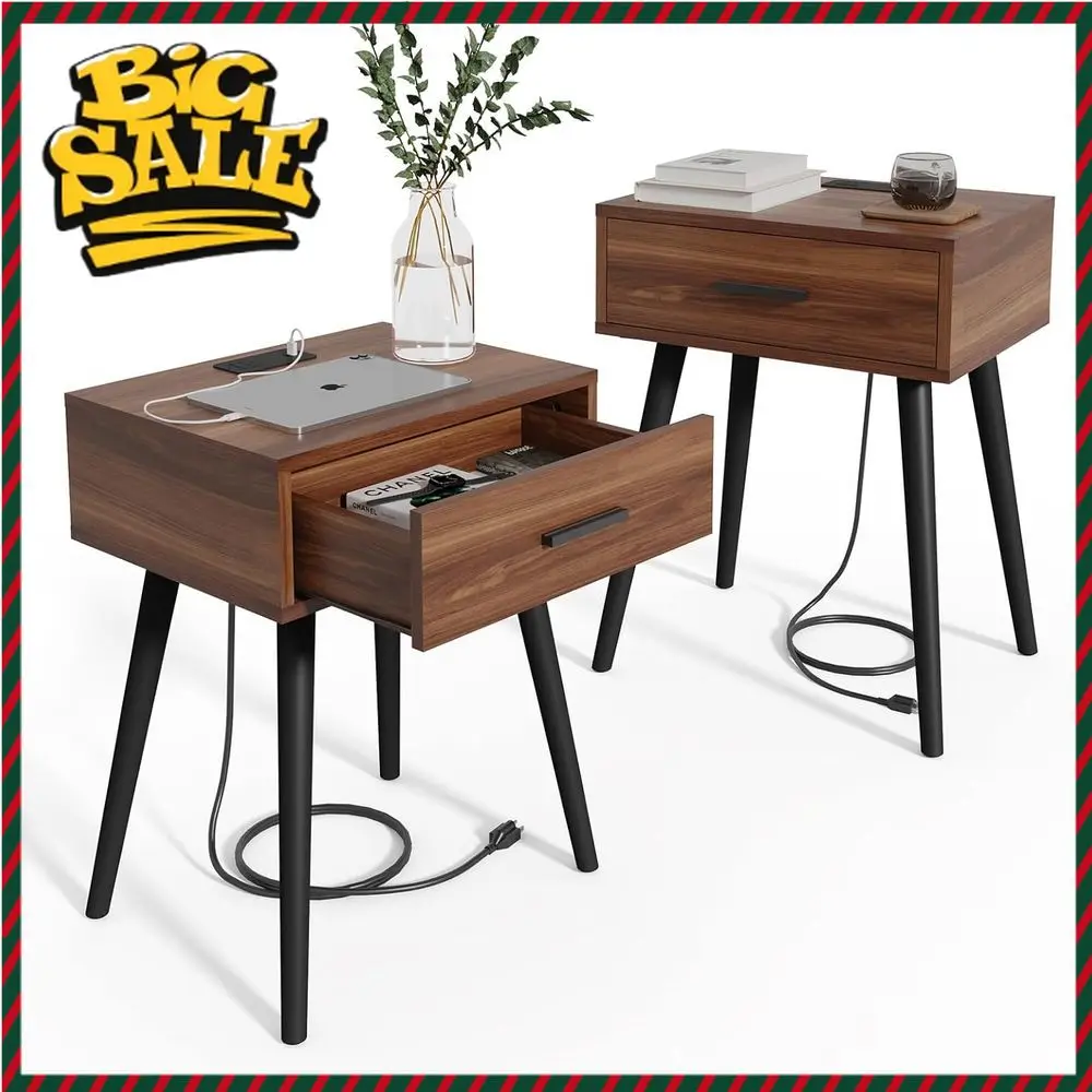 

2-Piece Nightstand Set with Charging Station, Modern Side Table, Matte Black Handles, and Pine Wood Legs for Home UseLimited tim