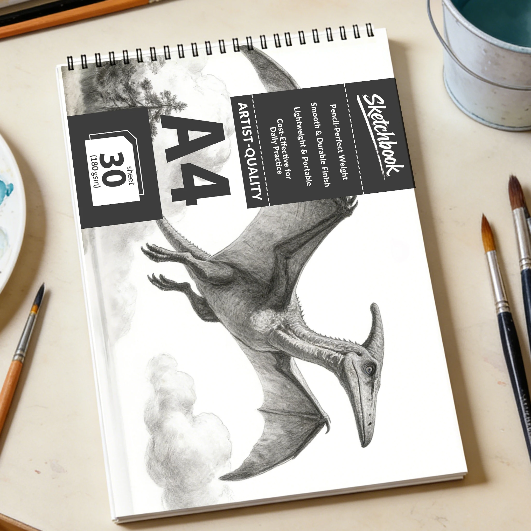 

Скетчбук на спирали формата А4, 30 листов (180 г/м²), блокнот для рисования карандашом «Птеродактиль», портативный блокнот для художника к школе