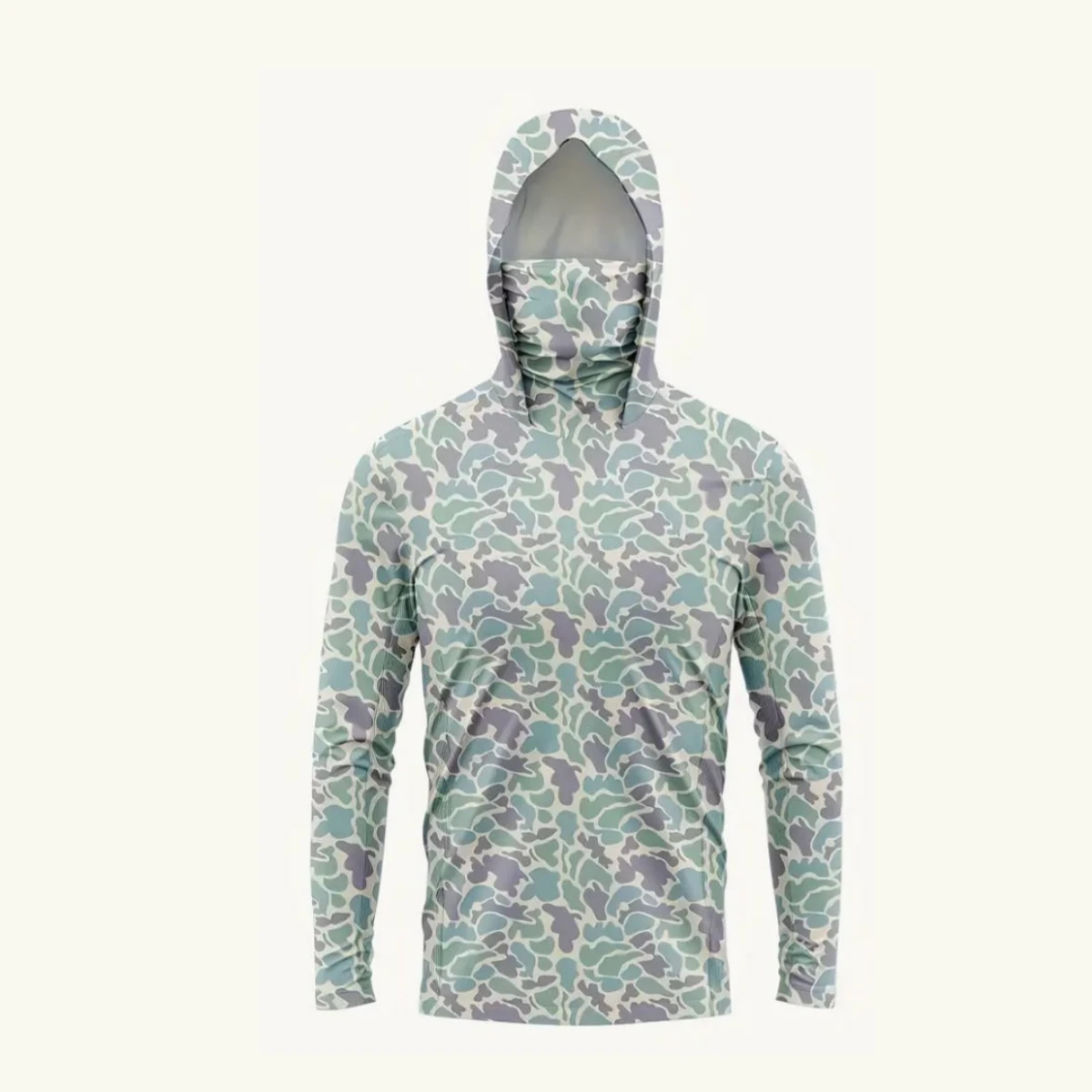 Men UPF50+ Sun Protection Fishing Hoodie With Face Mask Camo Print Quick Dry Anti‑UV Hunting Boating Long Sleeve Shirt