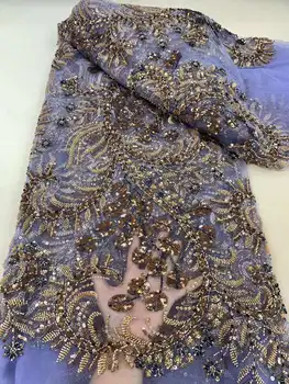 Tela de encaje de malla con cuentas africanas de lujo, encaje de tul francés con lentejuelas bordadas de 2024 cuentas para vestido de novia nigeriano