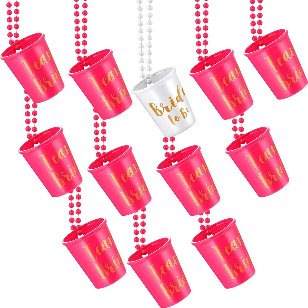 12PCS Team Bride To Be Cup Plastic Shot Glasses Necklace Bachelorette Party Supplies Wedding Bridal Shower Hen Night Decorations