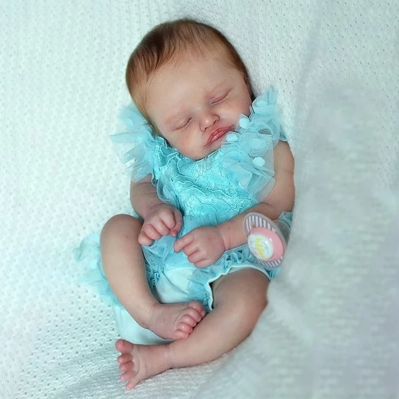 

49cm Reborn Baby Dolls 3D Skin Visible Veins Reborn Sleeping Girl Rosalie with Hand Draw/Hand-Rooted Brown Hair and Gift