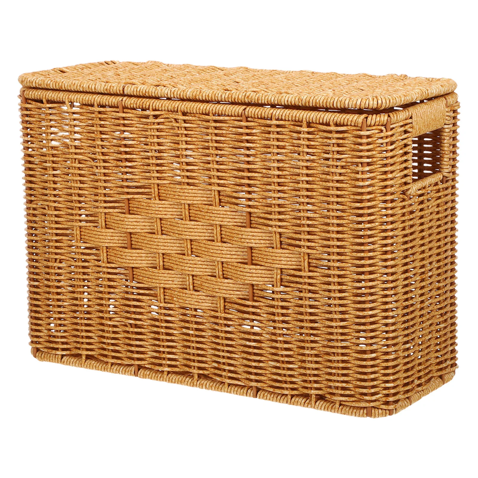 

Imitation Rattan Basket With Lid 14.9X10.4X5.89In Tall Narrow Rectangular Storage Bin For Closet Bedroom Kitchen Decorative