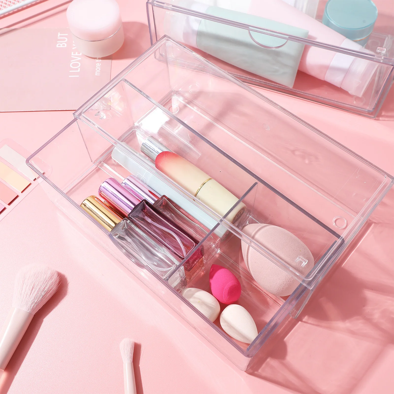 

3Pcs Clear Makeup Organizer Vanity Storage Box Lipstick Holder Desktop Cosmetics Drawer Multi-Functional Lidded Protection