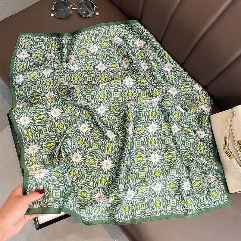 

100% Natural Silk Scarf for Women Winter Vintage Green Print Headscarf Pure Real Silk Scarves Shawls Neck Foulard 70x70cm