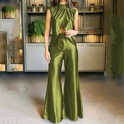 Women Satin Top Pants Two Piece Set Summer Fashion Black Sleeveless Split Vest Top Wide Leg Loose Pants Office Lady Suit