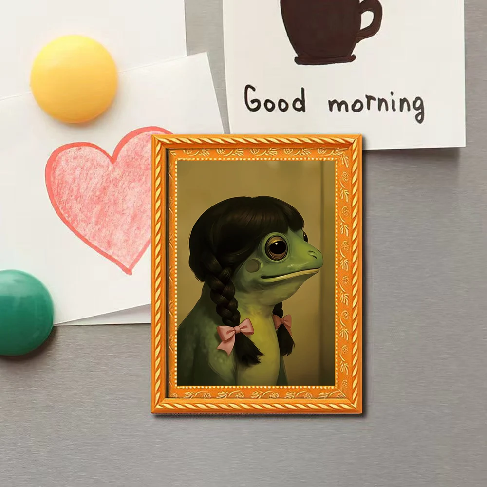 1 Piece of Retro Oil Painting Style Double Ponytail Frog Fridge Magnet, Cute Bowknot Anthropomorphic Magnetic Decoration Sticker, Personalized Kitchen Message Magnet, Creative Braided Hair Style Magnetic Sticker, Fun Home Decoration Item