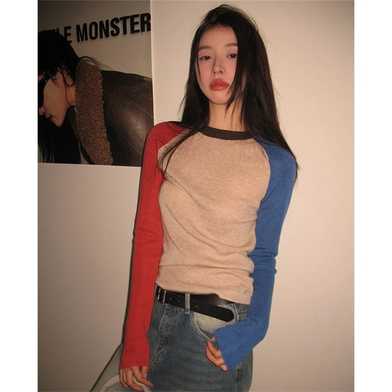 

Round Neck Contrasting Design T-shirt Women's Long Sleeve Pullover Shirt Female Casual Autumn Thin Tops