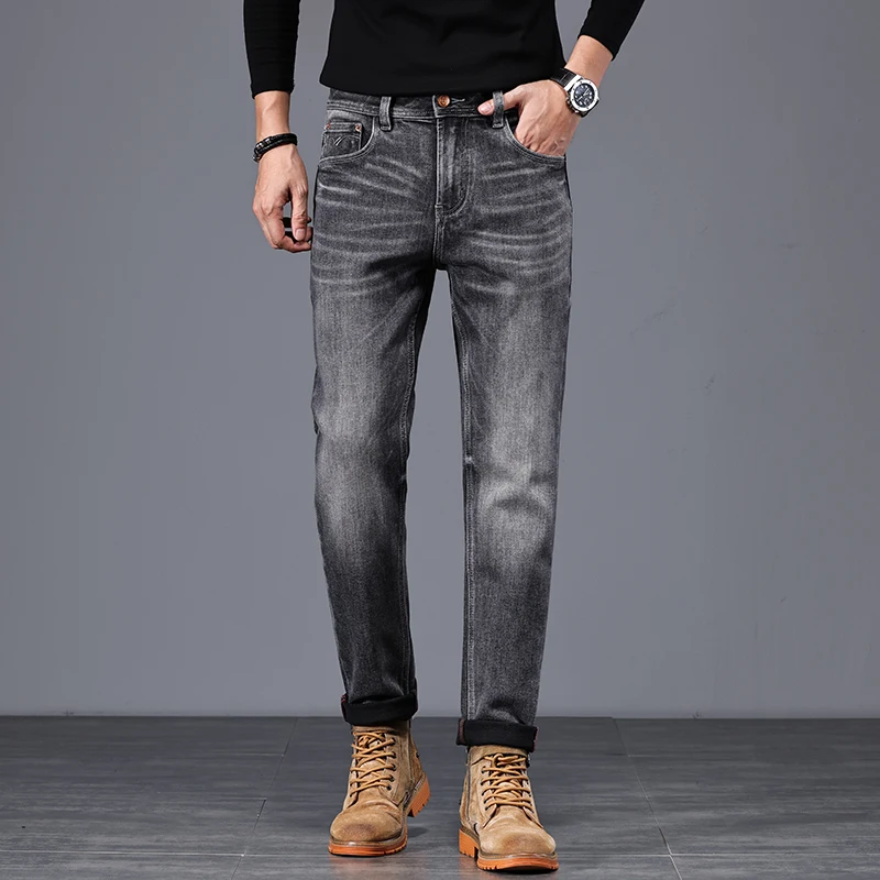 

Американские джинсы премиум-класса 202, осень/зима, новые классические легкие роскошные облегающие черно-серые джинсы, высококачественные обычные прямые брюки