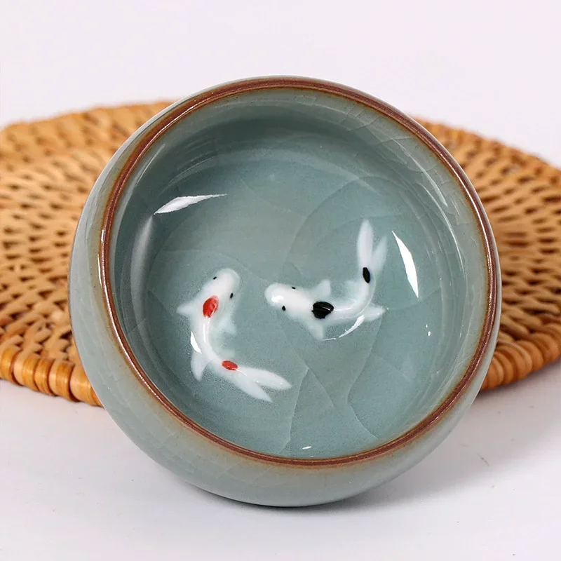 Celadon Porcelain Teacups Delicate Longquan Tea Cup Bowl Kungfu Serviceable Chinese Tea Cup Tea Making 60ml Crackle Golden Fish