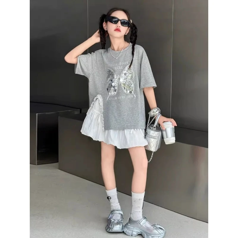

Girls' short sleevestShirt2026New summer outfit dress, stylish girls' top, children's and older kids' summer clothing, loose fit