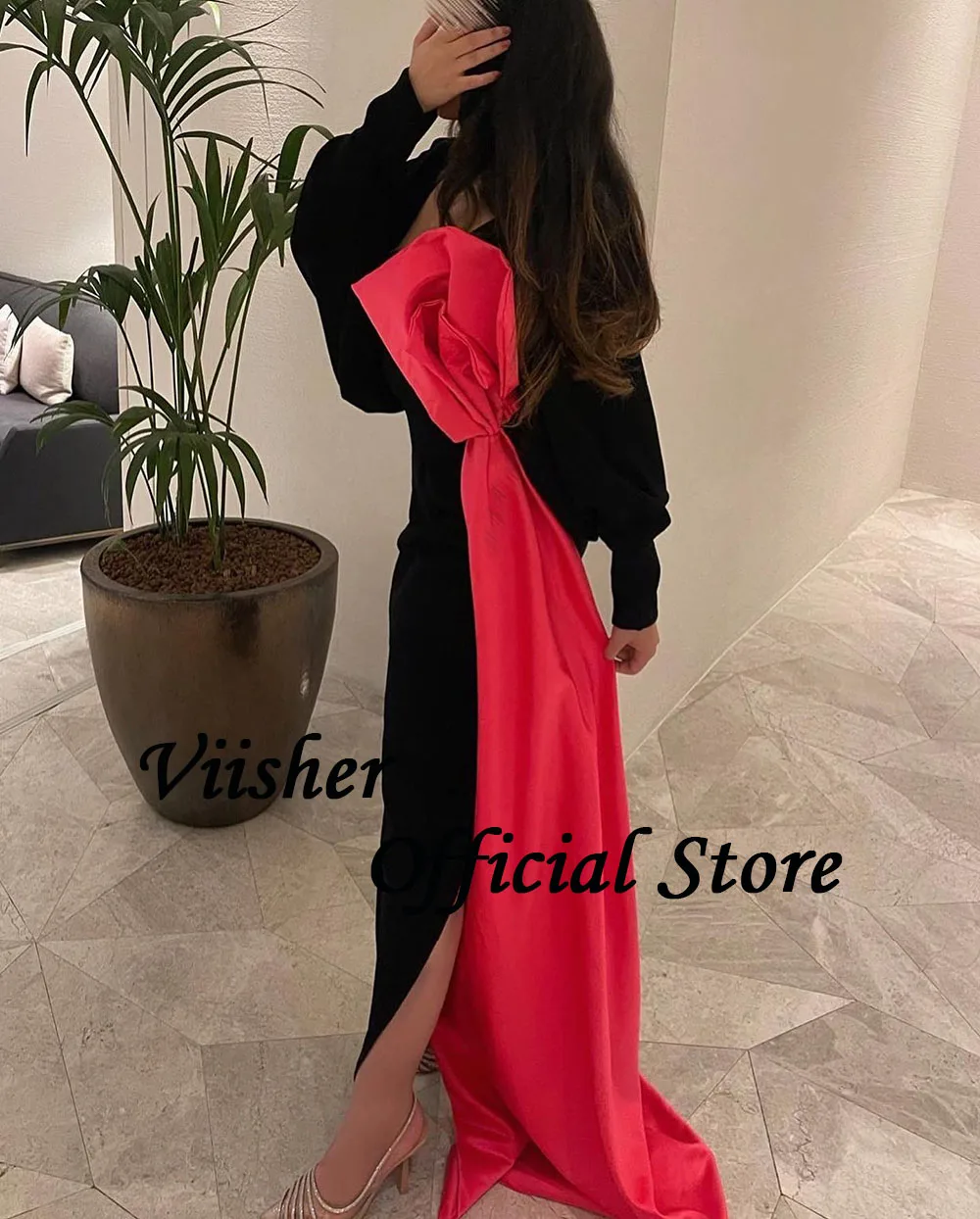 Viisher-vestido de noite sereia preto, manga comprida, gola V, árabe, Dubai, vestido de baile com laço vermelho, vestidos de noite elegantes