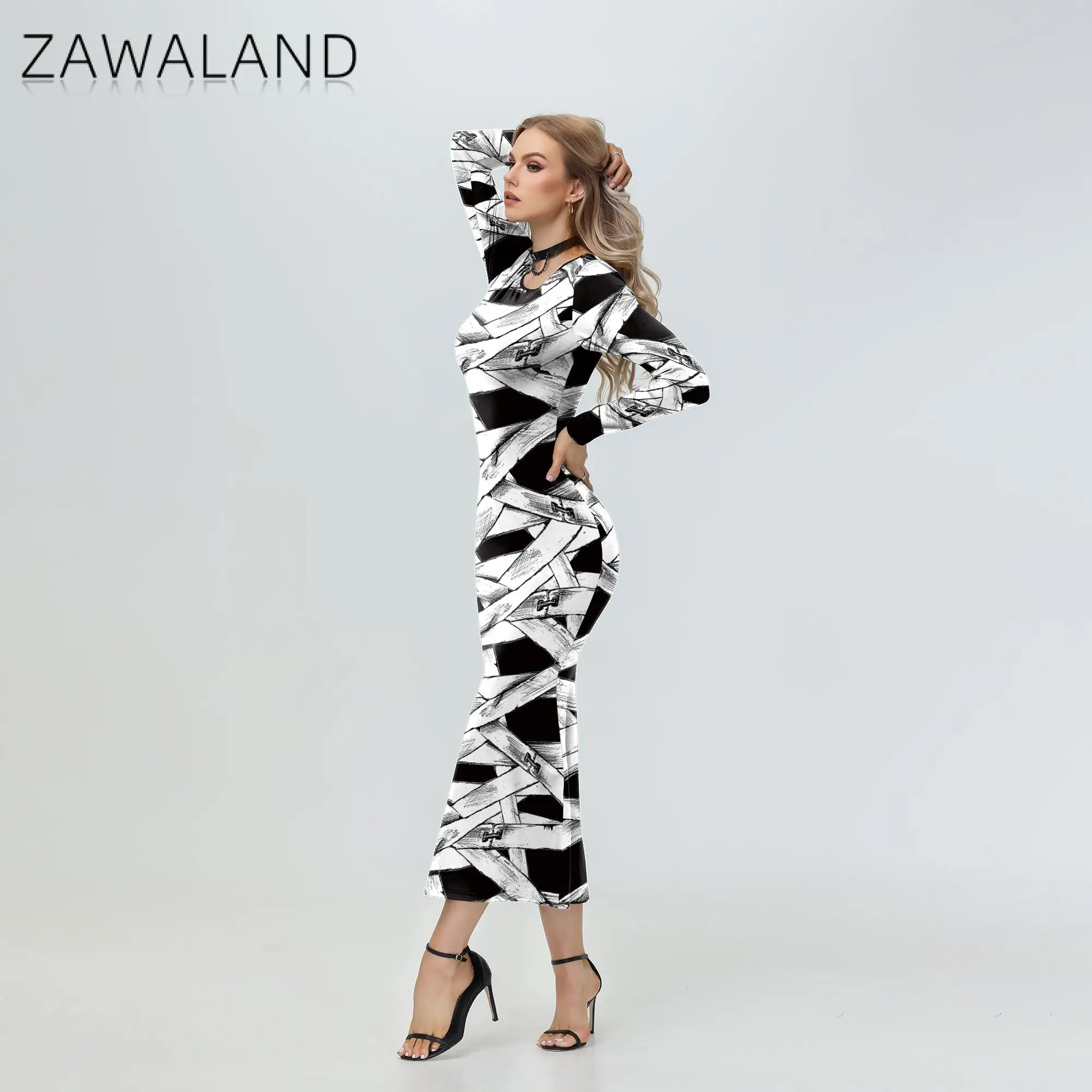 Zawaland Halloween Dresses for Women Clothing 3D Printed Cosplay Mummy Medieval Costumes Flare Sleeve Dresses Long Dress