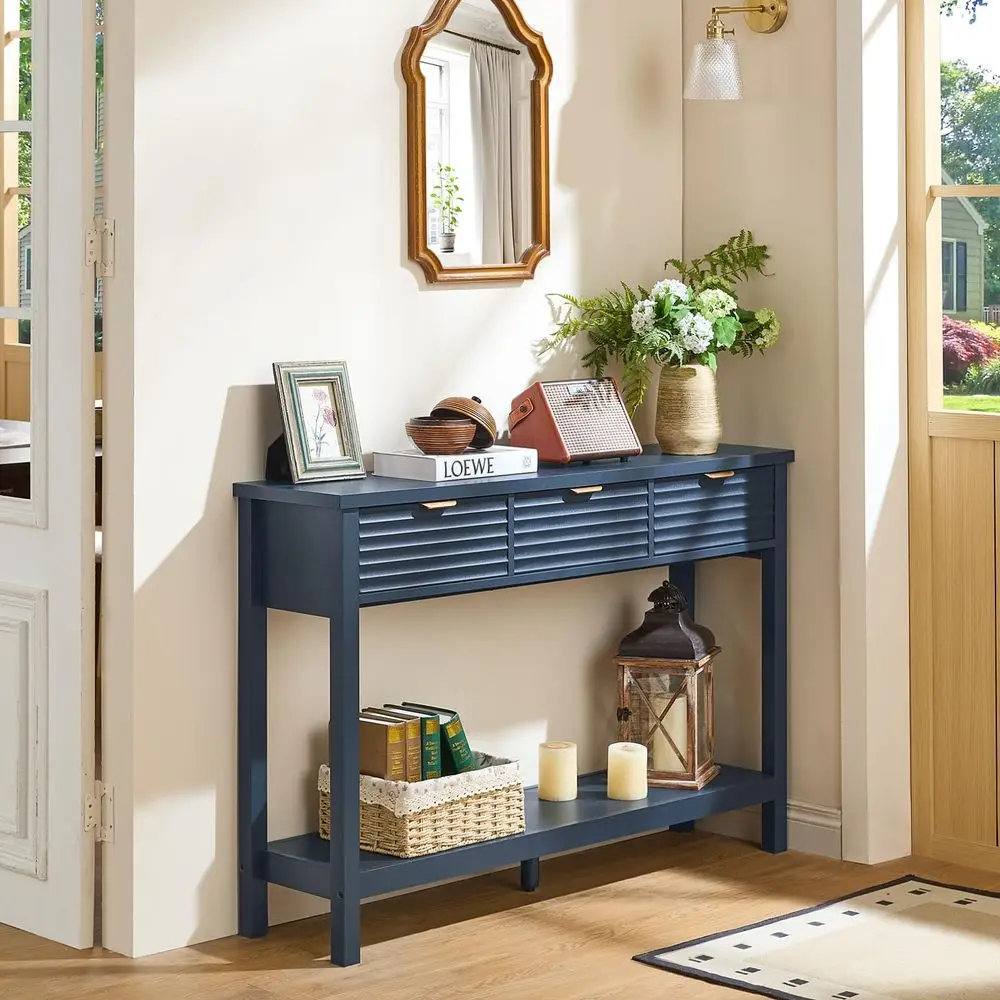 

Fluted 47.2 Console Table with 3 Drawers, Modern Wood 2 Tier Entryway Table with Open Storage Shelf, Sofa Entry Tables Behind C