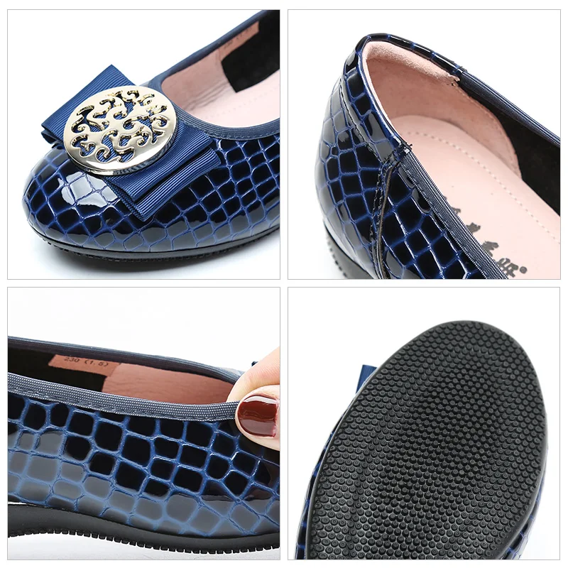 Bow Tie Slip-on Large Size Round Toe Genuine Leather Barefoot Woman Rhinestones Their Flat Shoes Women Elegant Spring and Summer