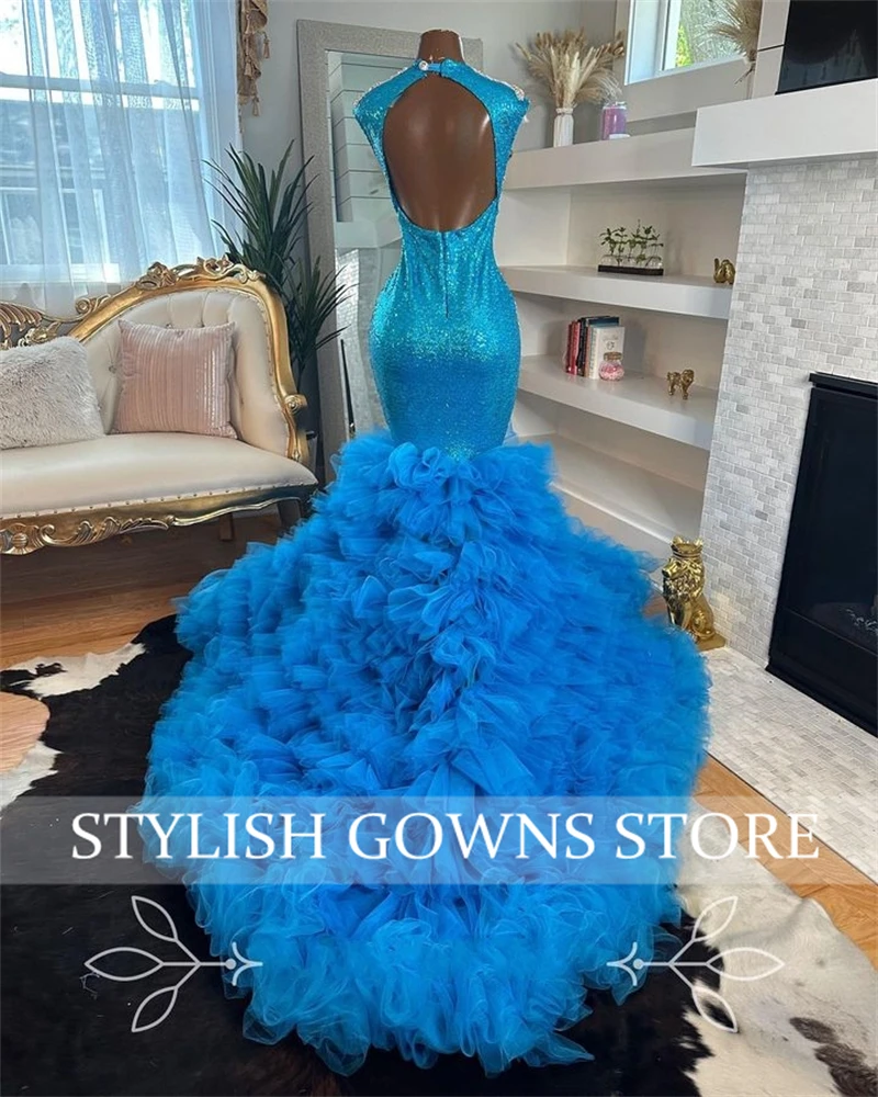 Blue Long Prom Dress For Black Girls 2024 Beaded Crystal Rhinestone Birthday Party Dresses Ruffles Evening Gowns Customized