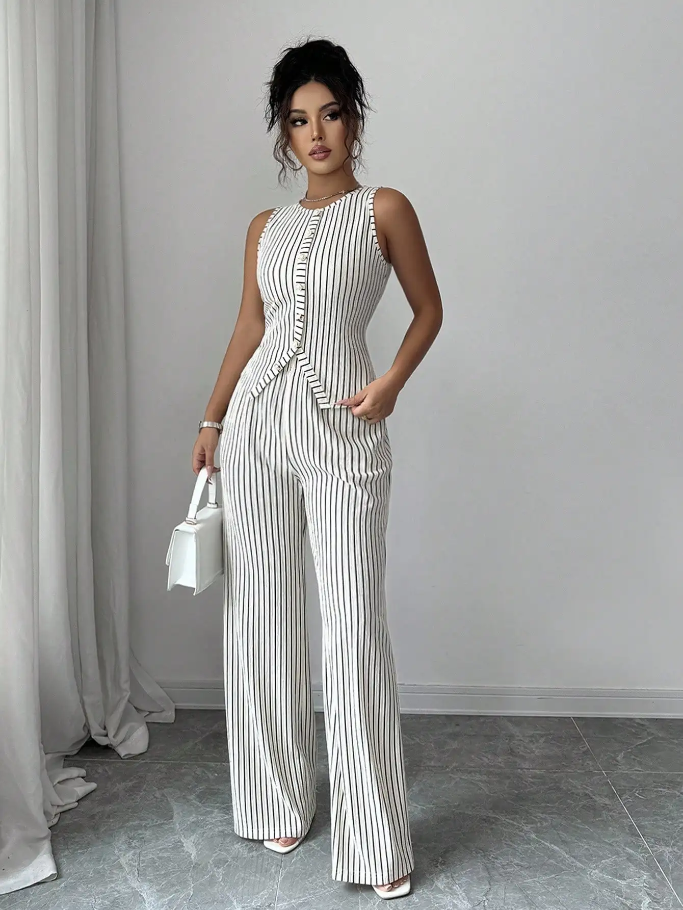 

Women's Striped Sleeveless Button Front Top And High Waist Wide Leg Pants 2-Piece Set